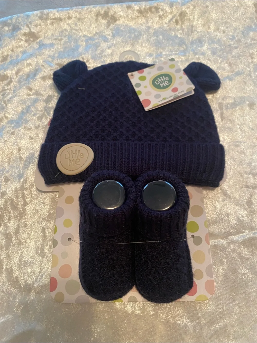 Little Me Navy Knit Hat with Ear Details and Matching Booties